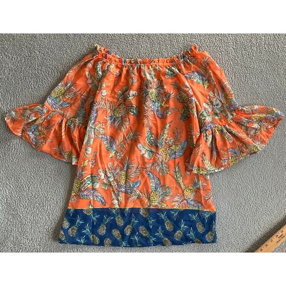 Beach Lunch Lounge Top Medium Flare Sleeve Floral Off the Shoulder Orange Boho - Picture 1 of 16